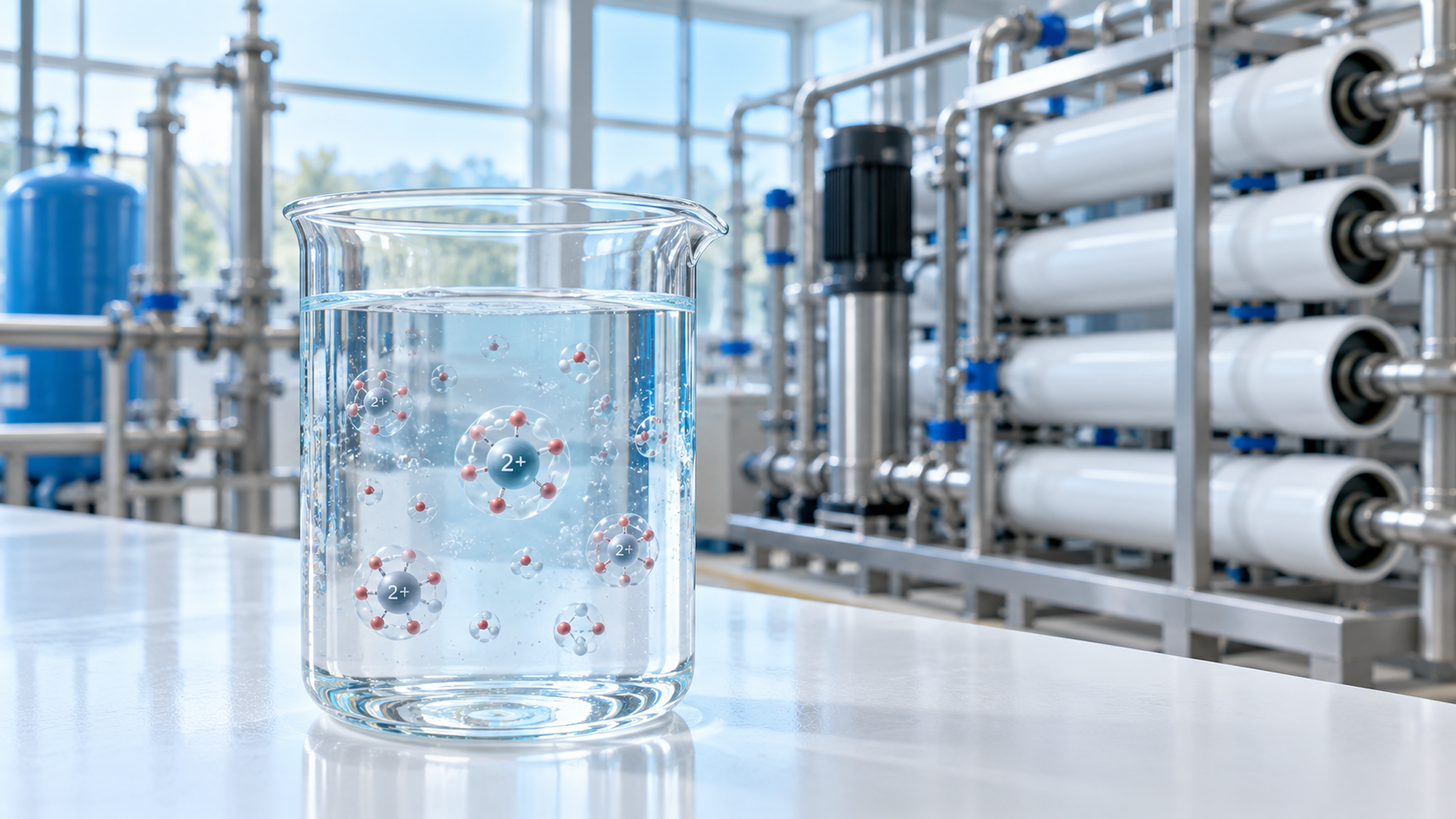 Becherglas mit Wasser und einer schematischen Darstellung von Bariumionen und Anlagen zur Membranwasseraufbereitung