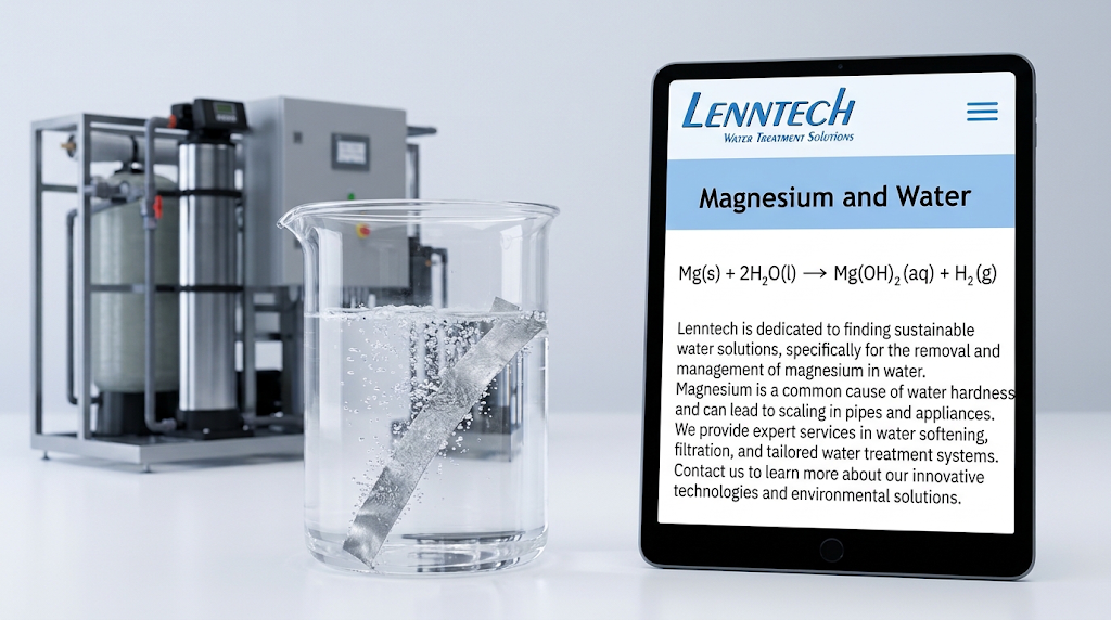 Um copo de laboratório com uma fita de magnésio a reagir na água, junto de equipamento de tratamento de água e de um tablet que apresenta a equação da reação entre o magnésio e a água.