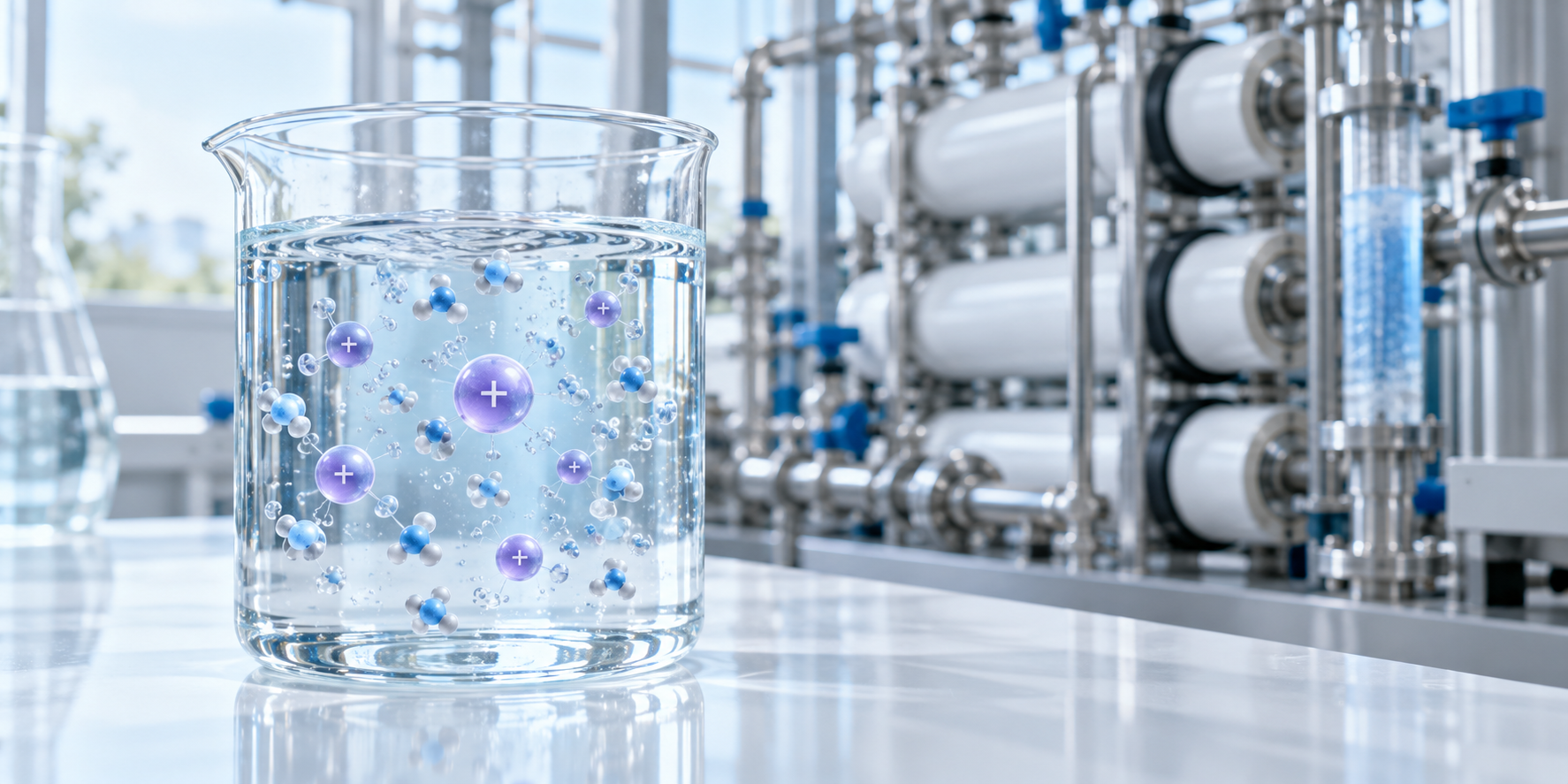 Copo de laboratório com água e uma representação conceptual de iões de potássio, com equipamento de tratamento de água por membranas ao fundo