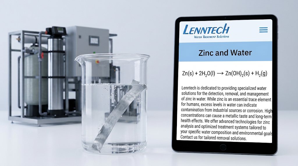 Tira de zinco num copo de laboratório junto a equipamentos de tratamento de água e a um tablet com uma ilustração sobre zinco e água.